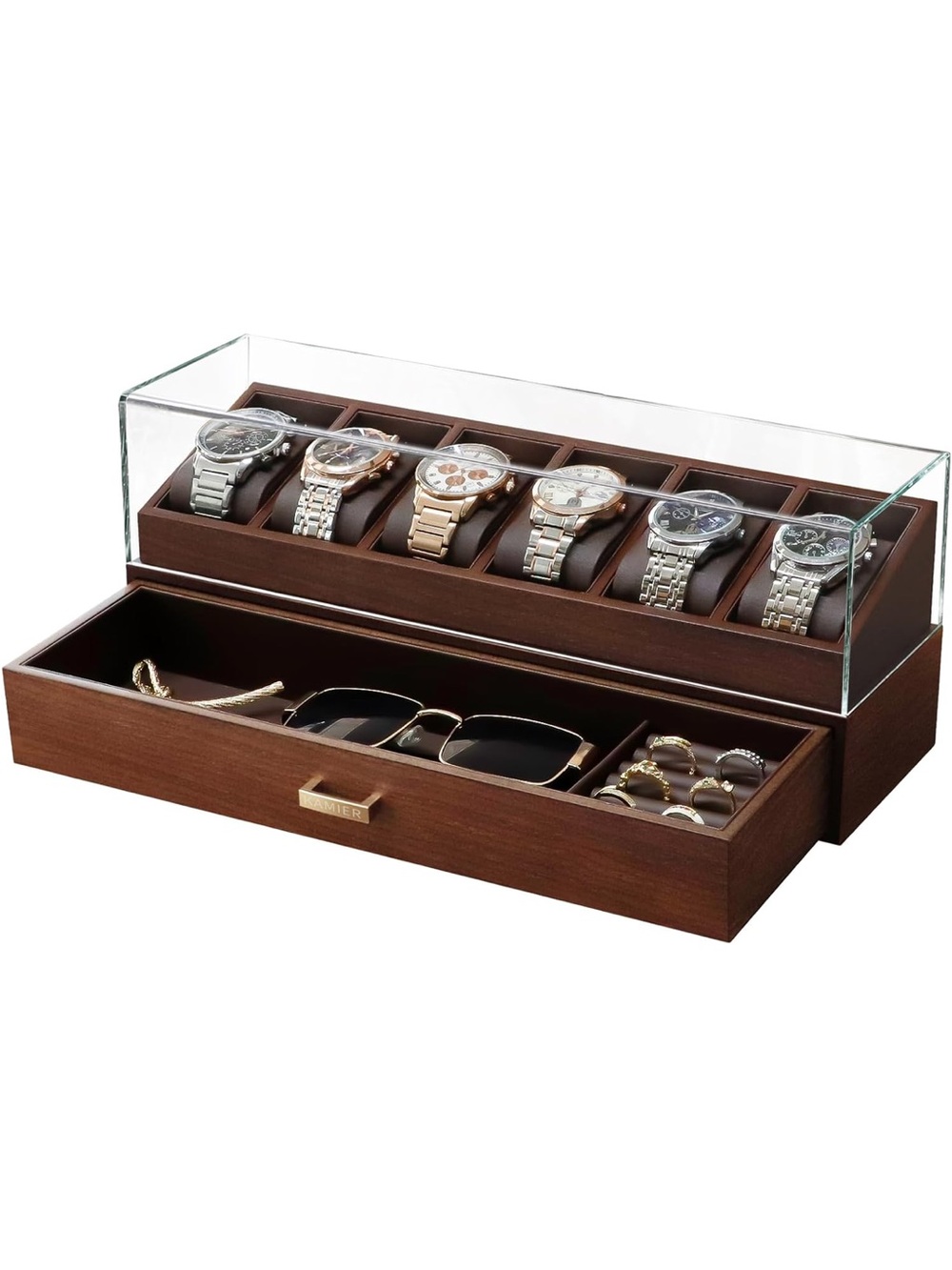 Watch and Accessory Organizer in Brown Wood with Glass Top